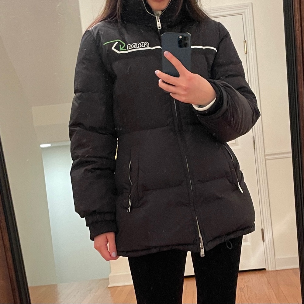 Authentic Prada down puffer jacket black green logo size 38